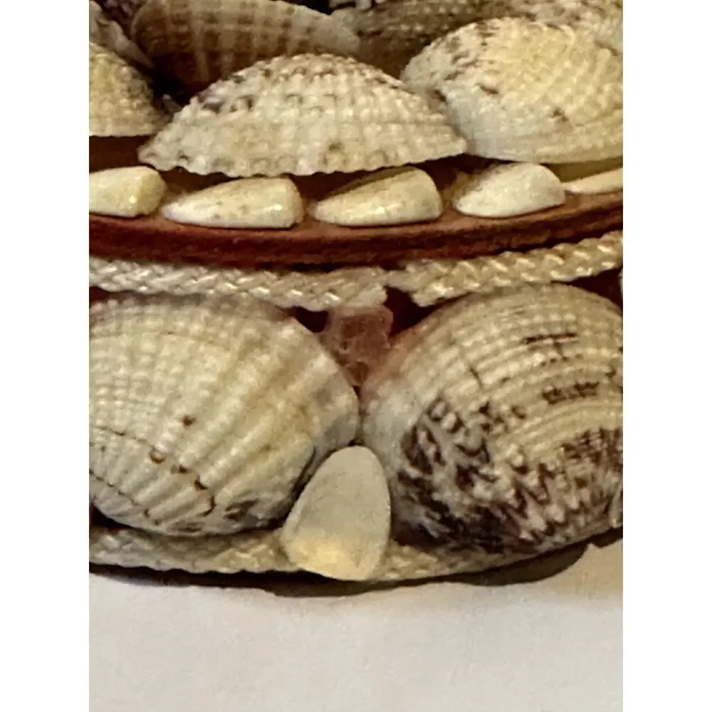 Vintage Seashell Round Trinket Box Red Lined Boho Beach Decore Small Flaws